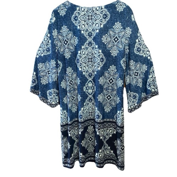 Studio One New York Women's Blue Patterned Dress 3/4 Length Bell Sleeves Size XL - Picture 2 of 7